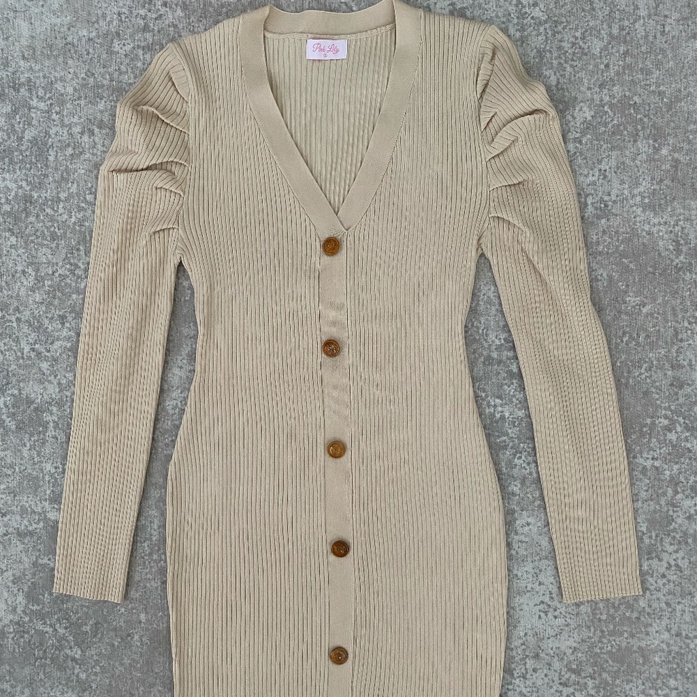 Pink Lily Beige Button Front Sweater Dress (S) NWOT